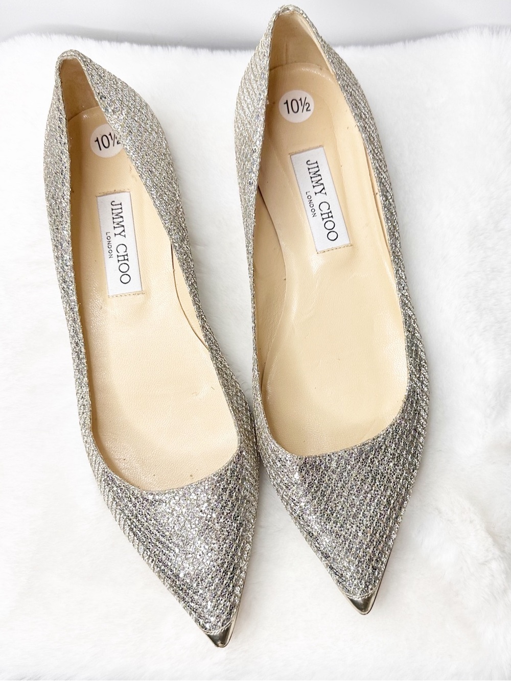 Jimmy Choo Silver Glitter Pointed-Toe Romy Flats Size 10.5 - Picture 1 of 7